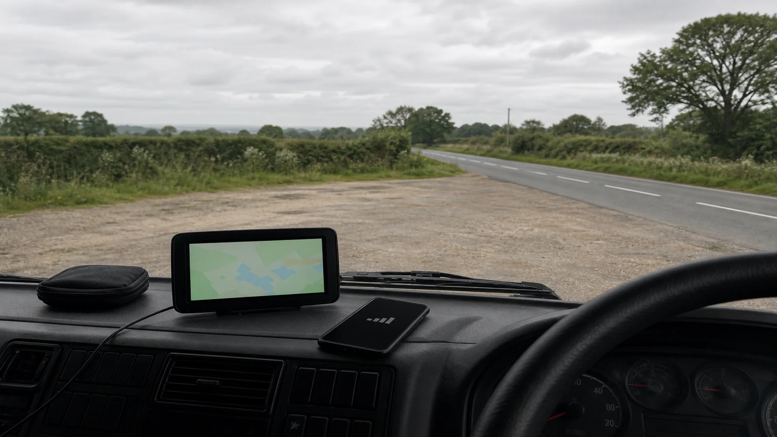 Portable truck sat nav being checked at a rural lay-by before an offline journey