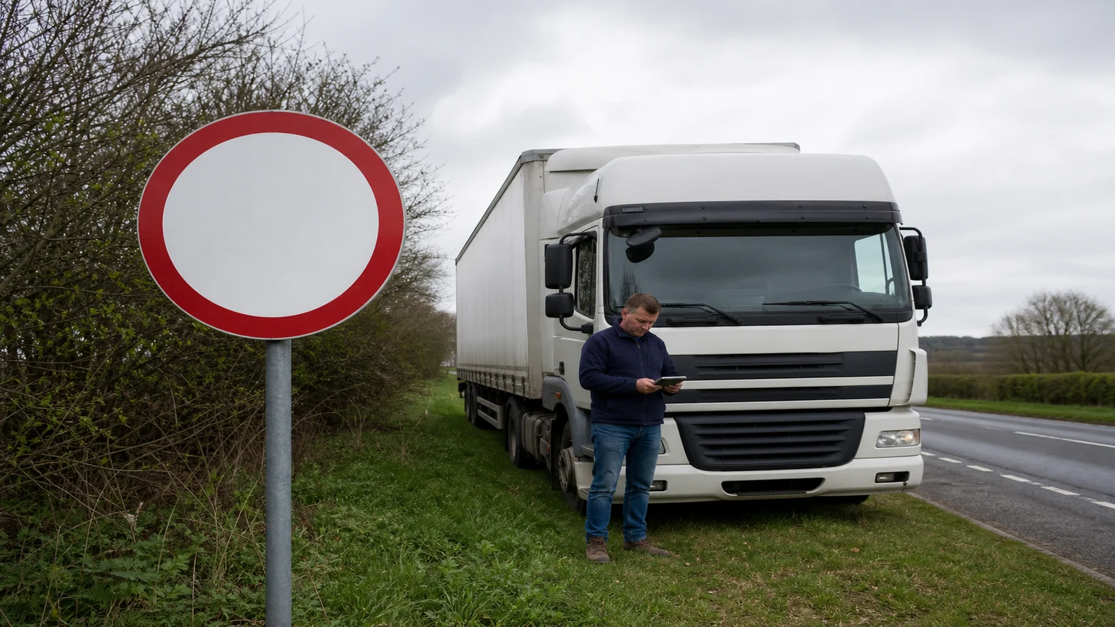 HGV driver safely reviewing a route after seeing a road restriction sign
