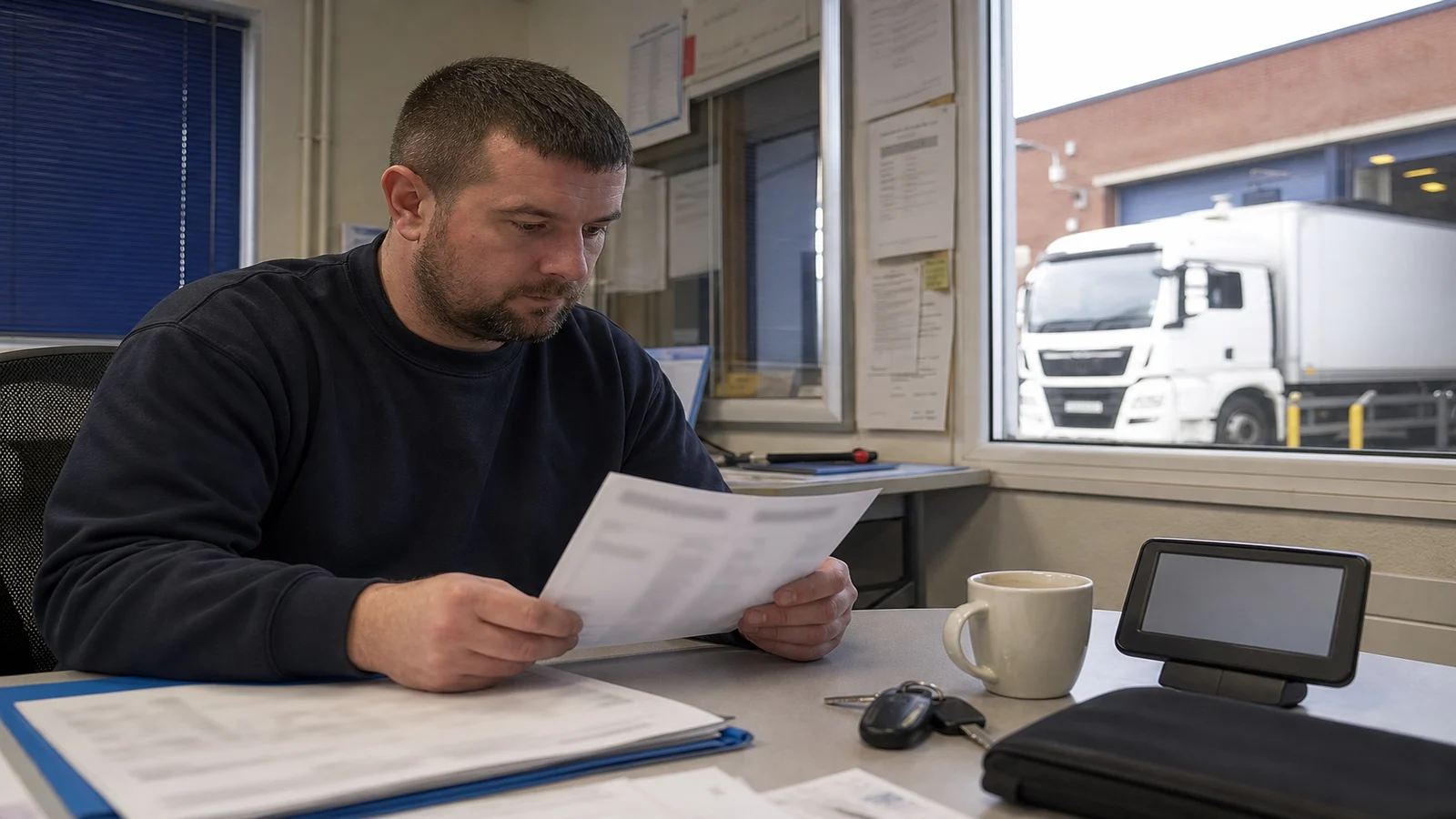 HGV driver planning route timings and rest stops before departure