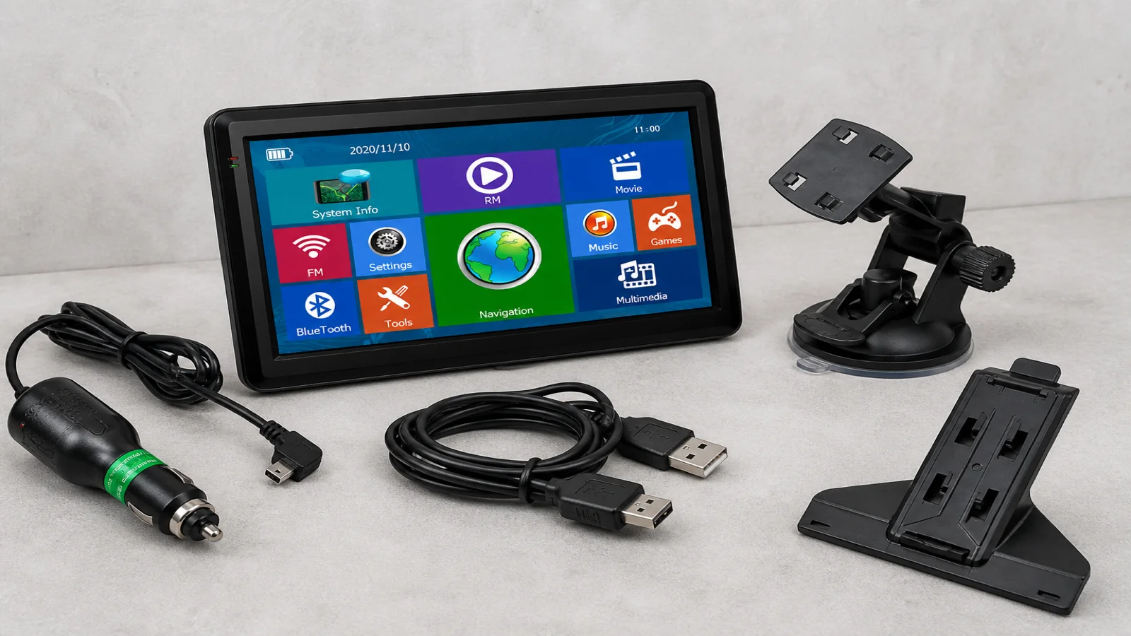 Budget portable 7-inch GPS with charger and suction mount accessories