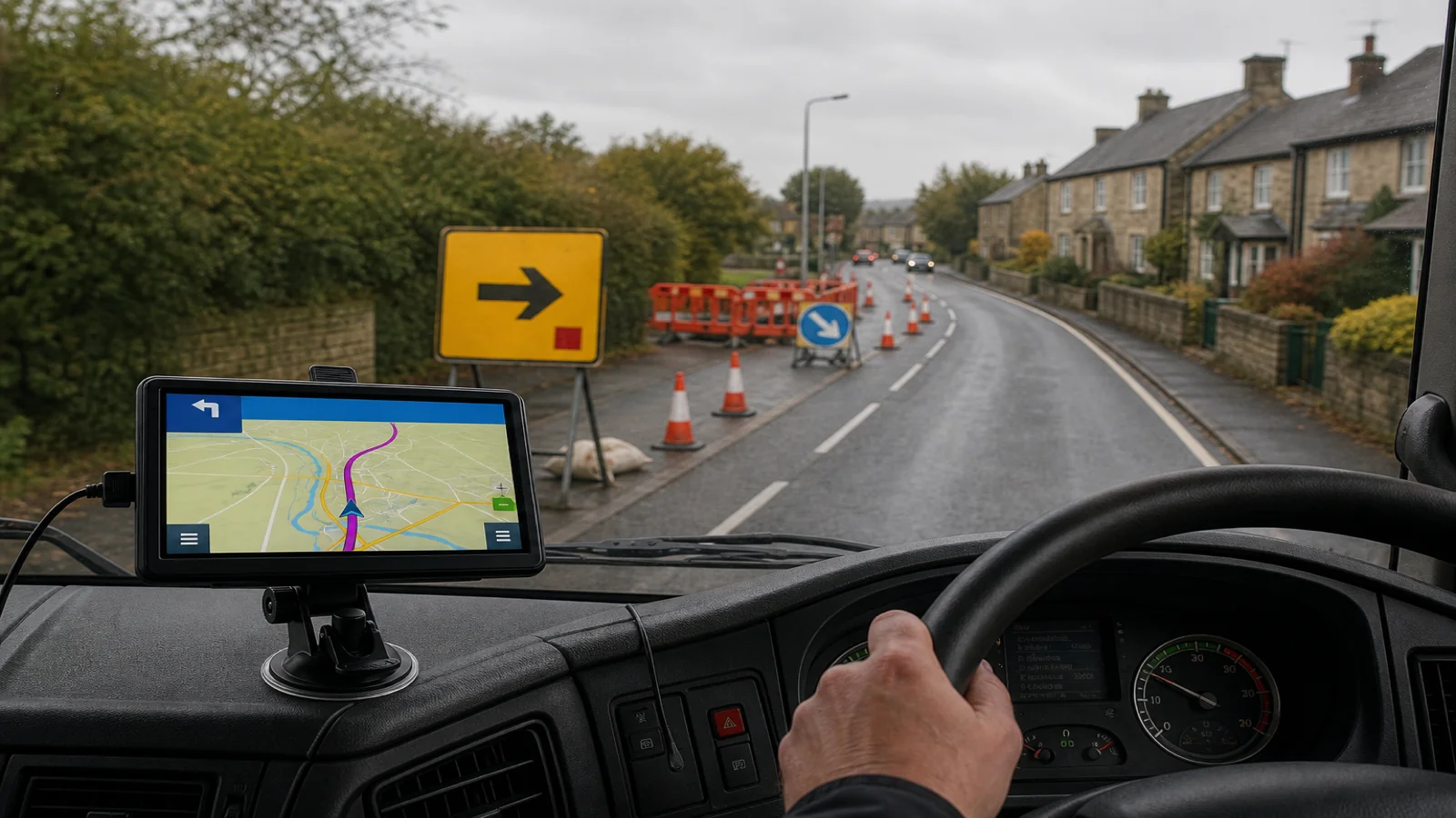 HGV cab view of a roadworks diversion with a portable sat nav on the windscreen