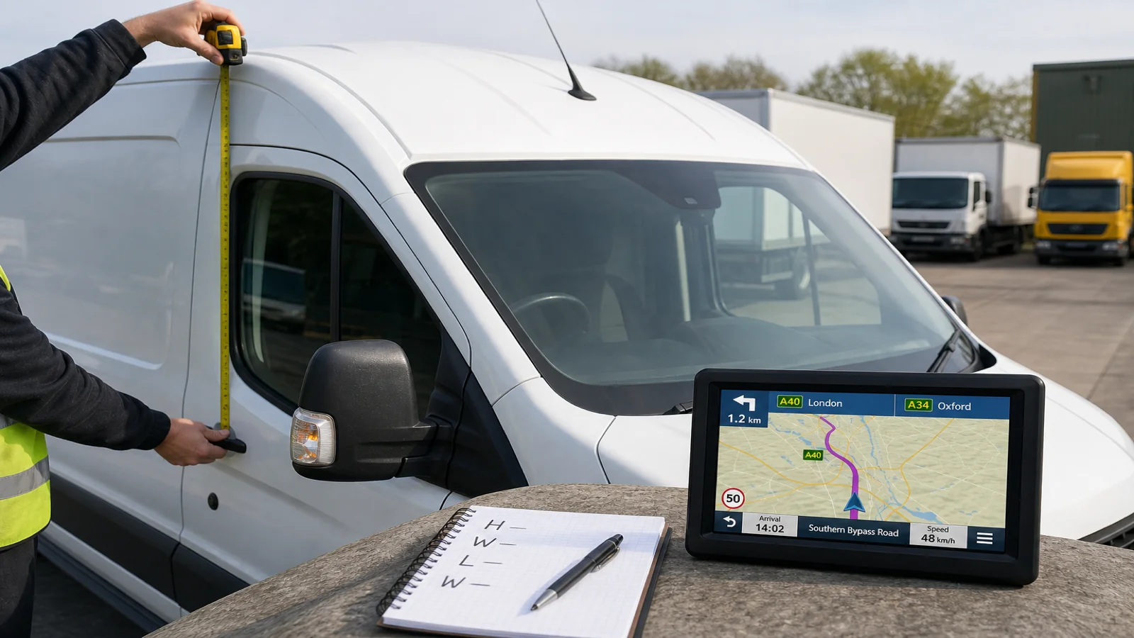 Measuring a van roof and mirrors with a portable sat nav ready for dimension entry