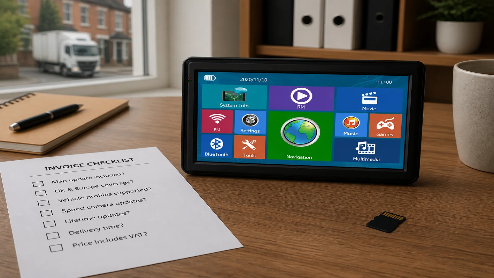 Portable 7-inch GPS navigator beside paperwork and a microSD card for map update checks