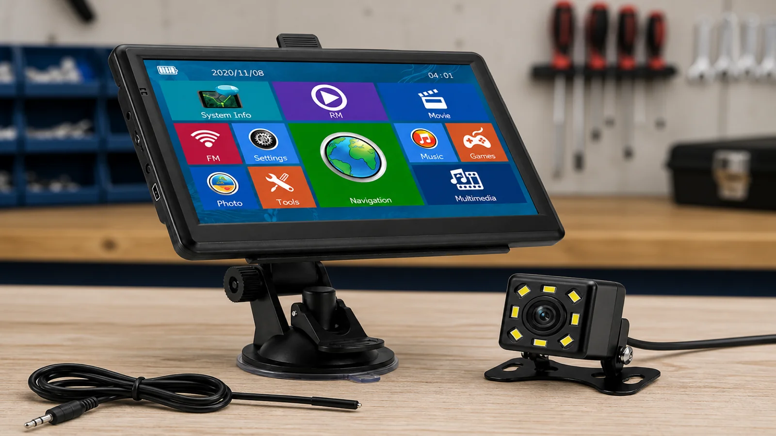 Portable GPS with wired rear-view camera and AV cable ready for installation