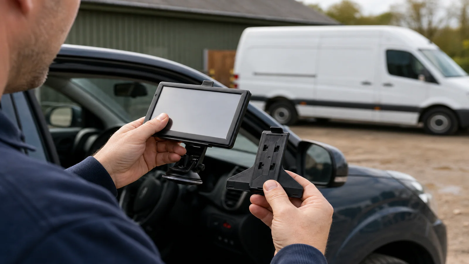 Driver moving a portable sat nav with suction mount and clip between vehicles