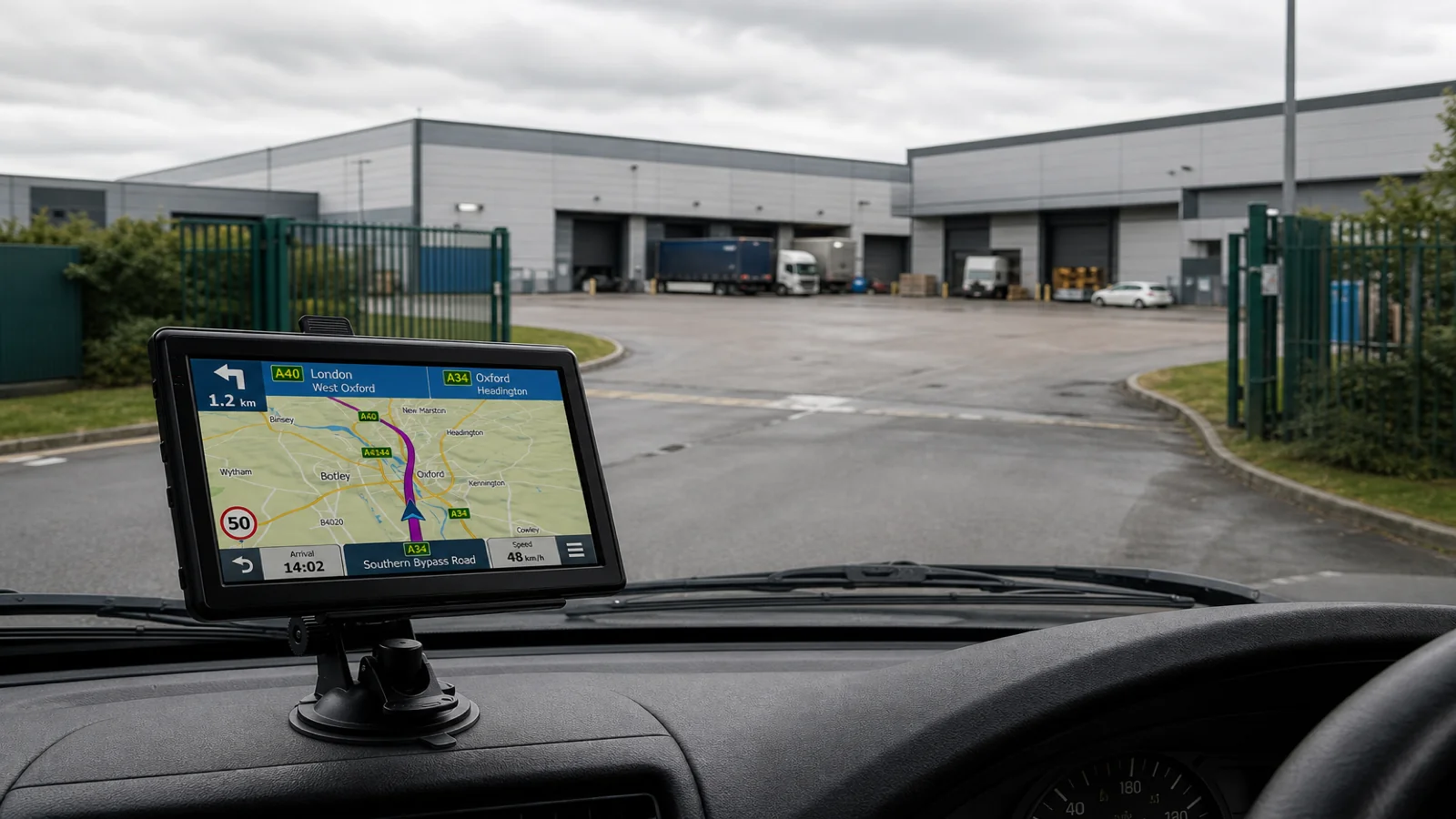 Industrial estate gates ahead with a portable sat nav mounted in the cab