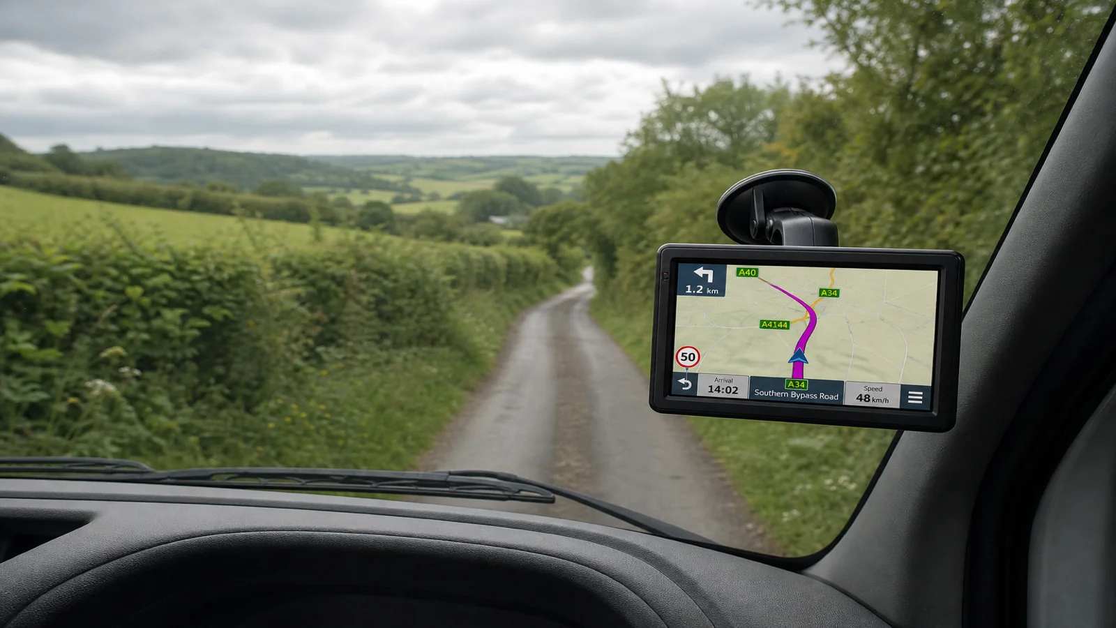 Narrow UK country lane ahead with a portable sat nav showing a route