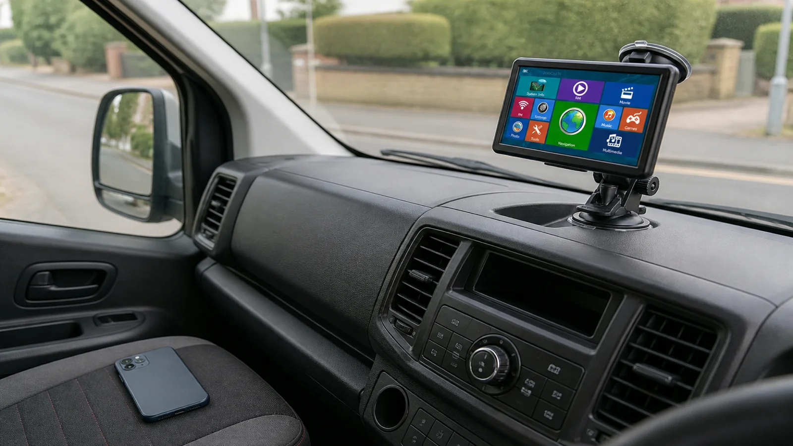 Dedicated 7-inch sat nav on a suction mount with a phone left unused nearby