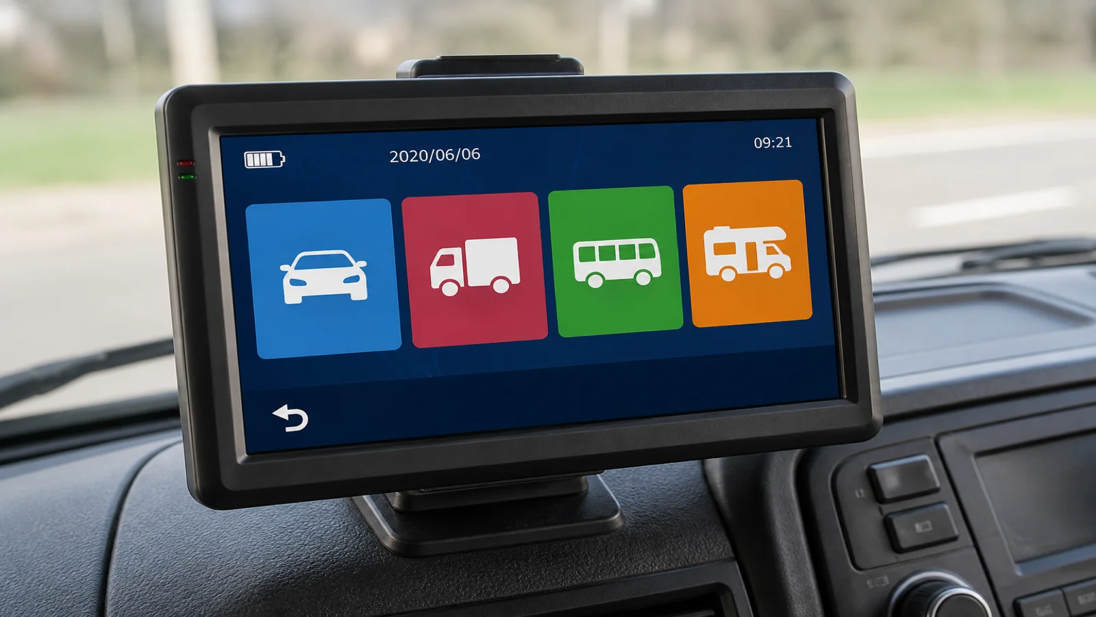 Portable GPS on a mount ready for vehicle-mode selection in a vehicle cabin