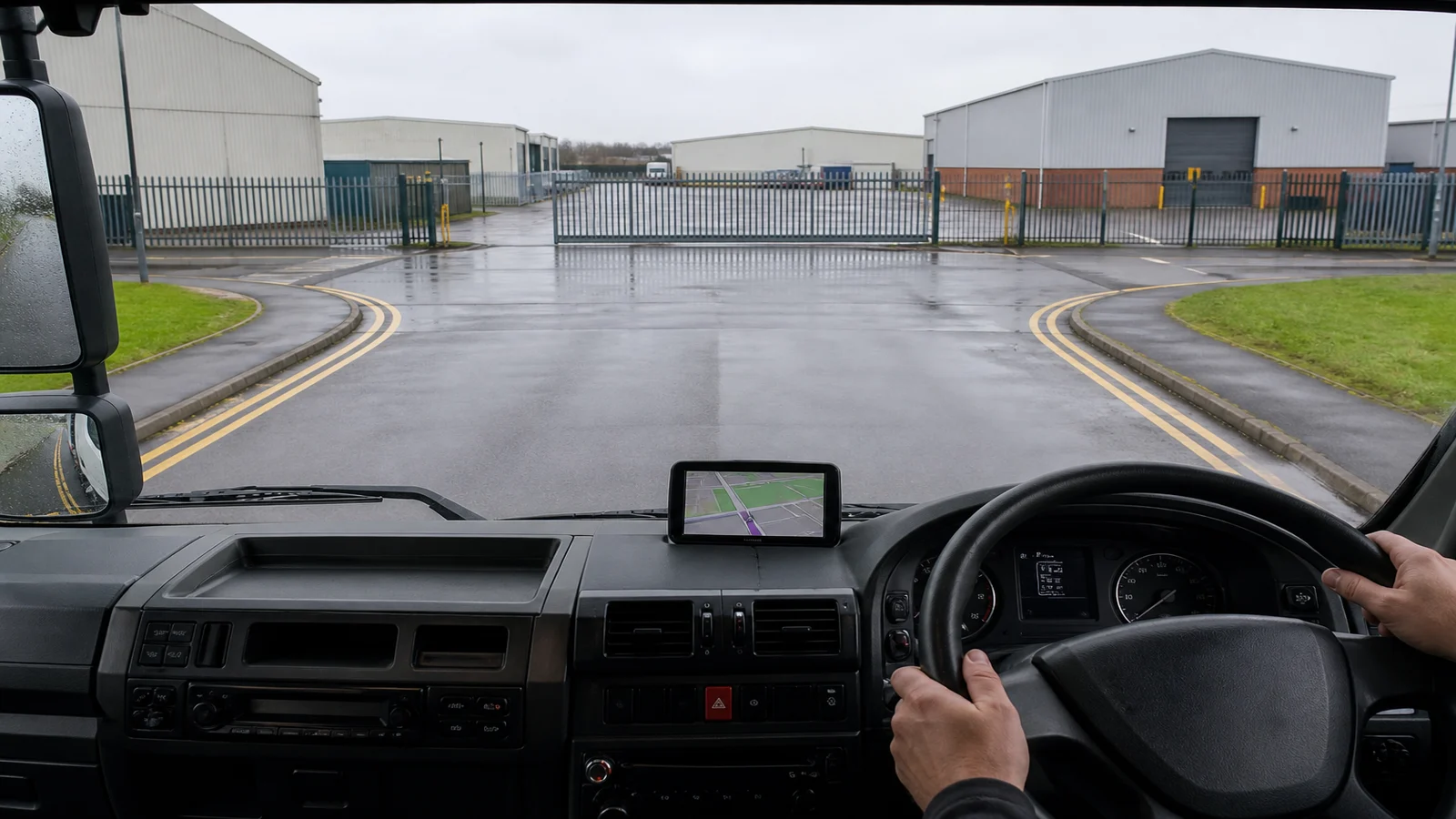 Driver checking delivery-site access from a safely parked lorry before entering