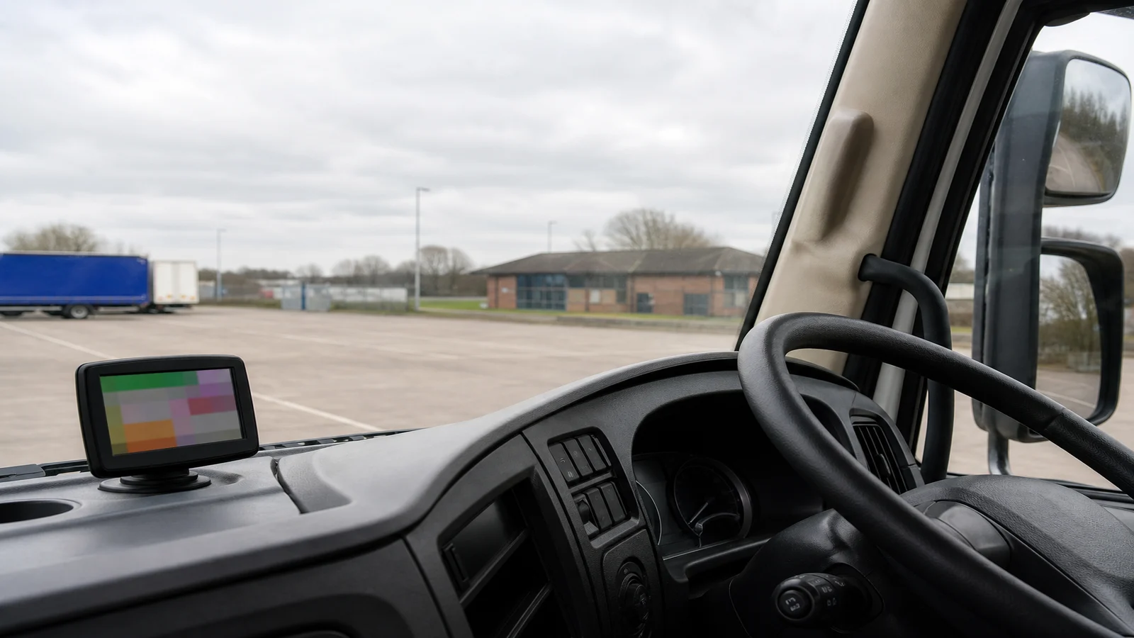 Sat nav mounted low in a parked lorry cab without blocking the driver's view